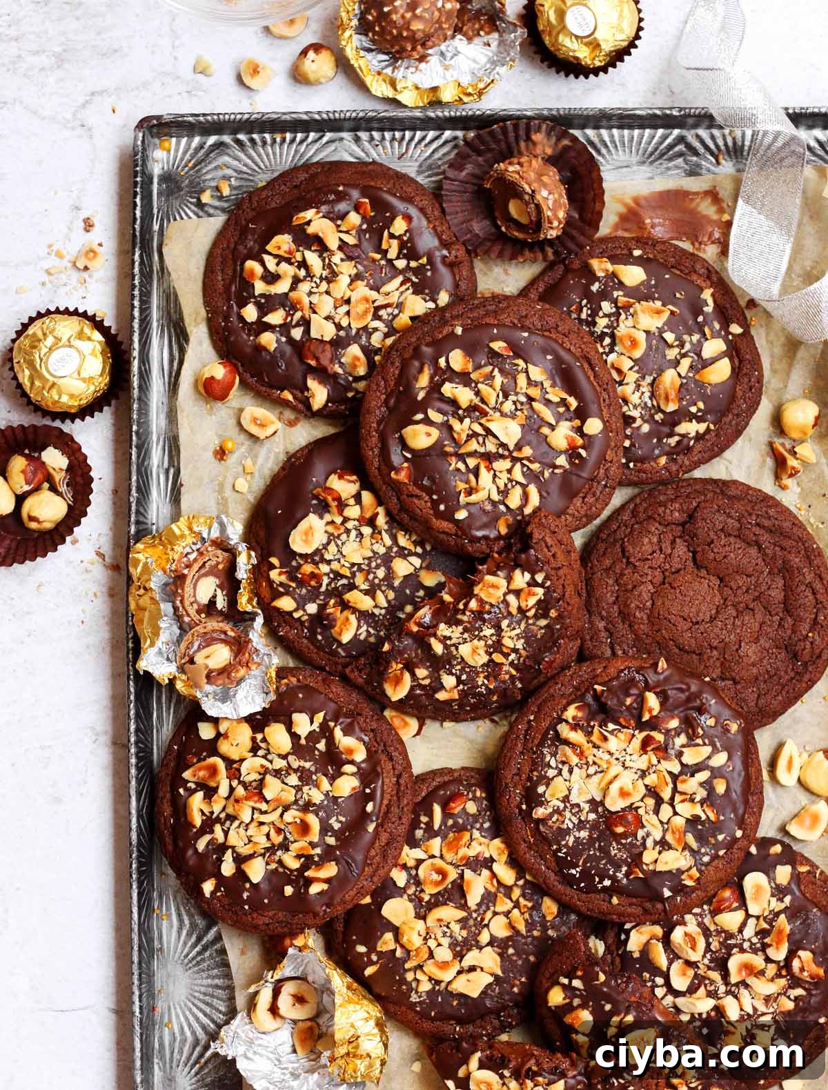 Ferrero rocher cookies on cookie sheet