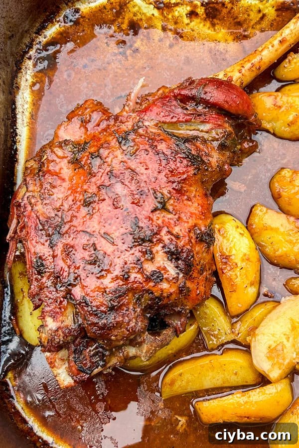 Greek Slow Roast Leg of Lamb with Potatoes in a tray