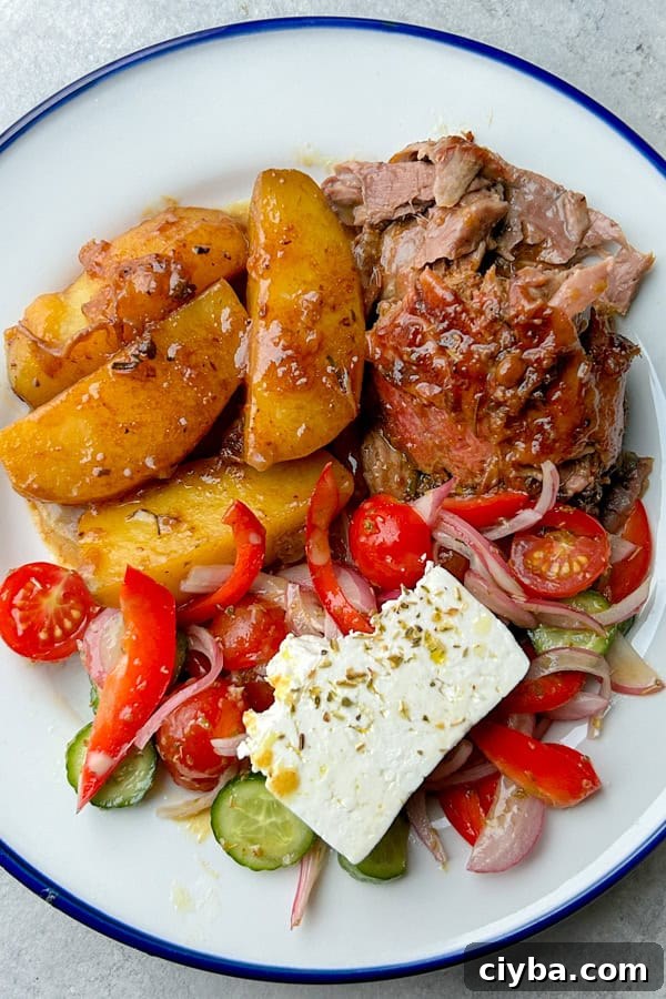 Greek Slow Roast Leg of Lamb with Potatoes and Greek Salad