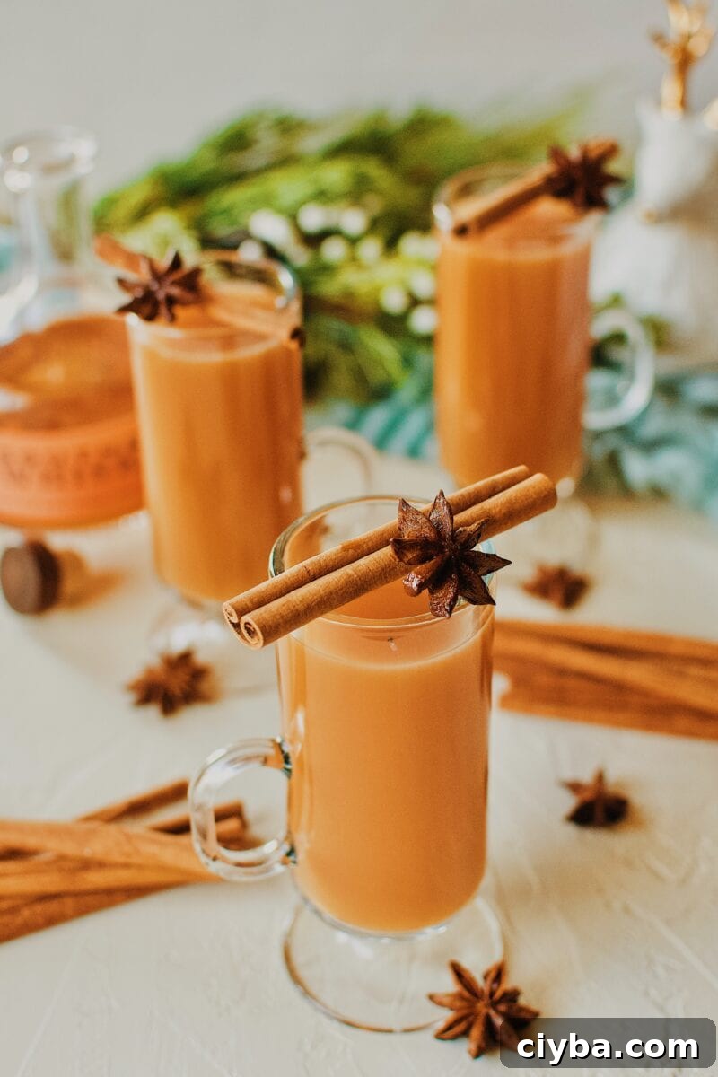3 Winter Whiskey Wassail garnished with a cinnamon stick and star anise pod.