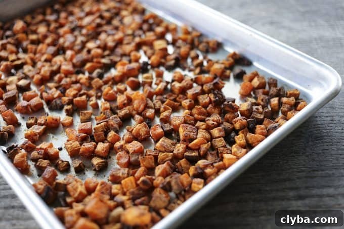 Crunchy, crispy, baked Sweet Potato Croutons from foodiewithfamily.com