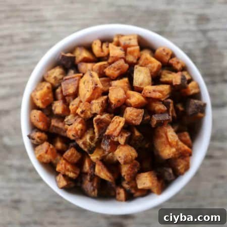 Crunchy, crispy, baked Sweet Potato Croutons from foodiewithfamily.com