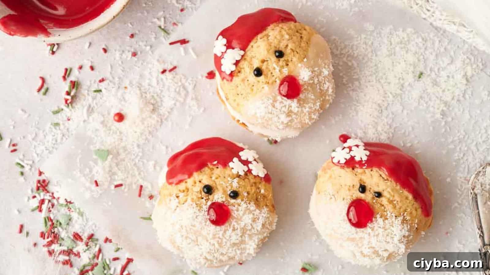 Three Santa Claus whoopie pies on a baking sheet.