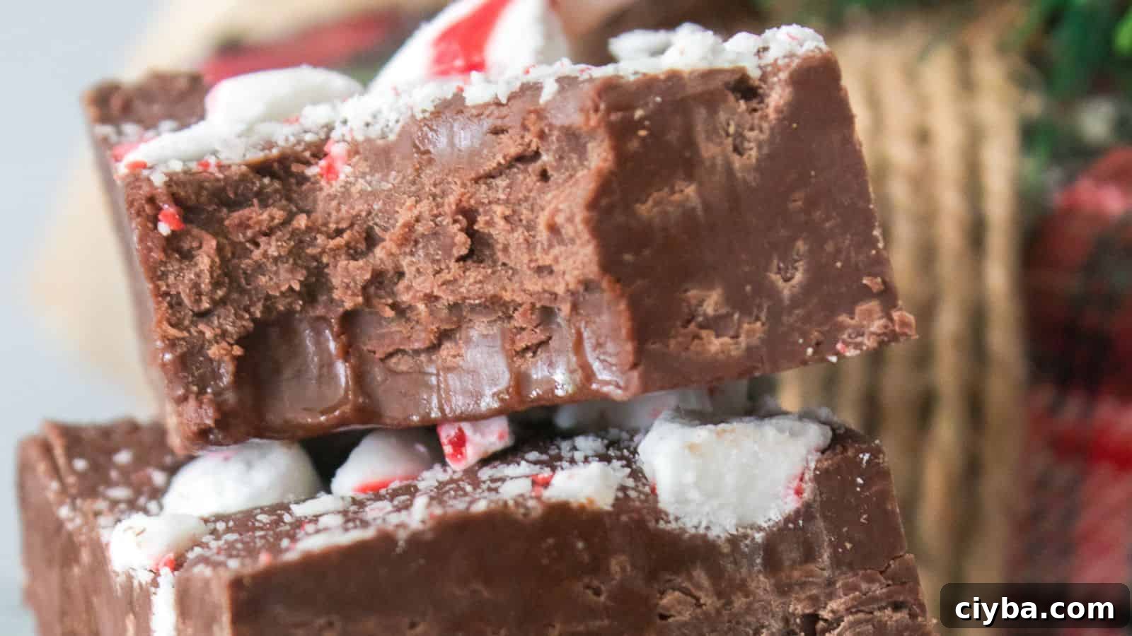 Close-up of two stacked pieces of chocolate peppermint fudge, with visible crushed peppermint candy on top.