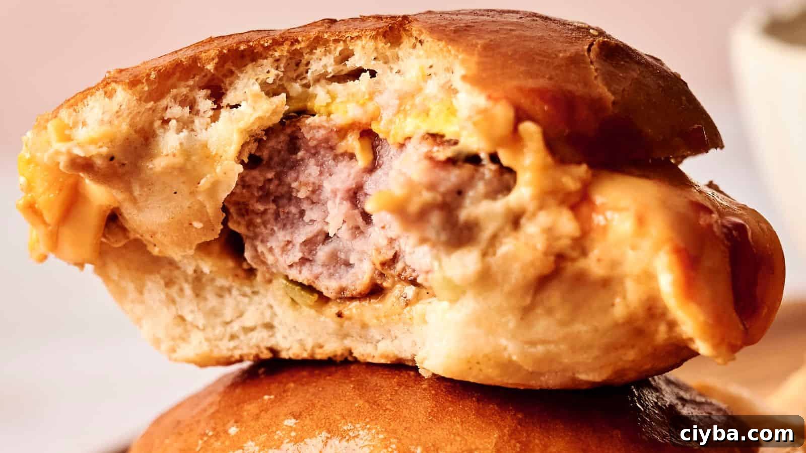 Close-up of a partially eaten burger with cheese in a bun, showing the meat patty's texture.