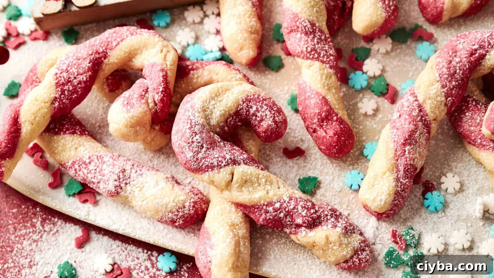 Twisted red and white candy cane cookies dusted with powdered sugar, surrounded by decorative snowflake and tree-shaped sprinkles.