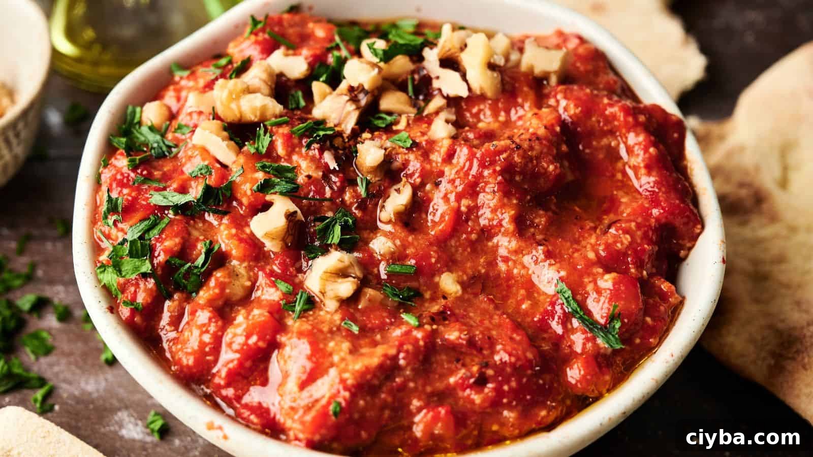 A bowl of tomato-based dip garnished with chopped parsley and walnuts, with pita bread pieces on the side.