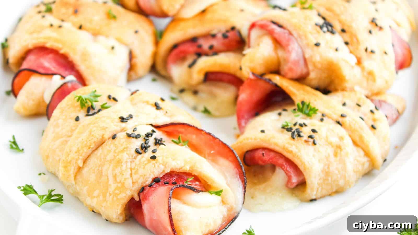 A plate of baked crescent rolls filled with slices of ham and melted cheese, topped with black sesame seeds and garnished with parsley.