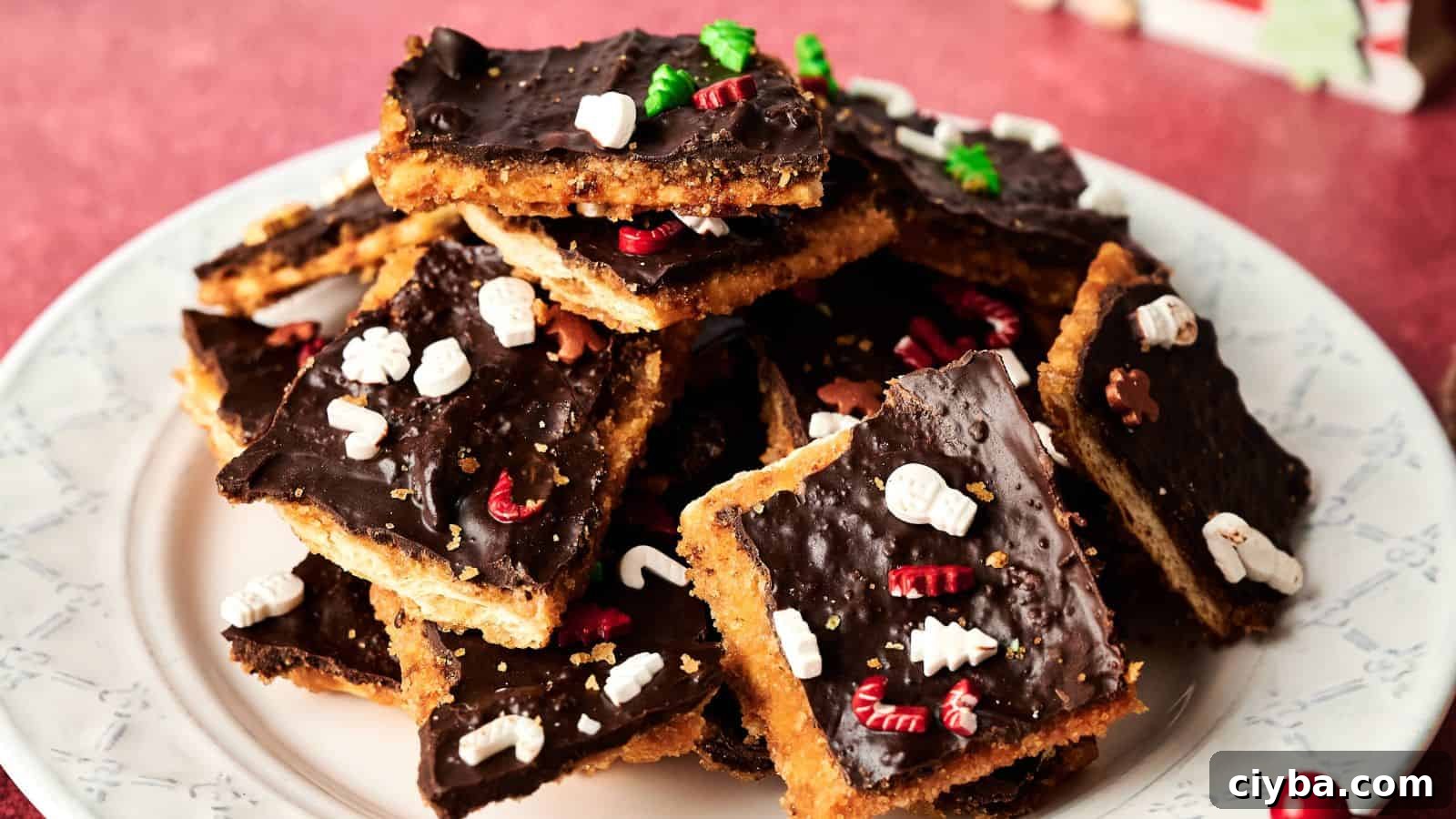 A plate of chocolate-covered cracker toffee squares topped with festive holiday sprinkles and decorations.