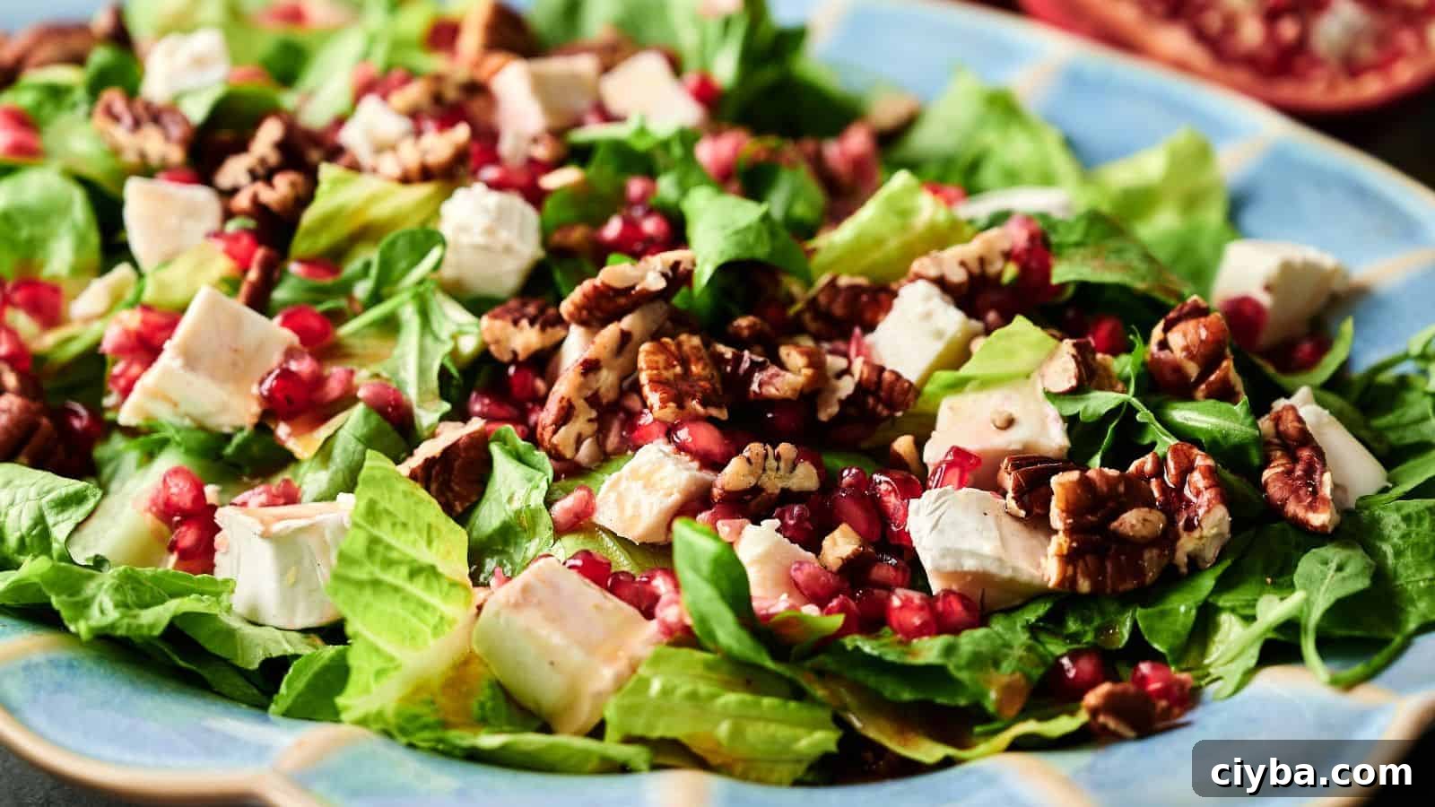 A close-up of a salad with chopped romaine lettuce, diced white cheese, pecans, and pomegranate seeds on a blue plate.