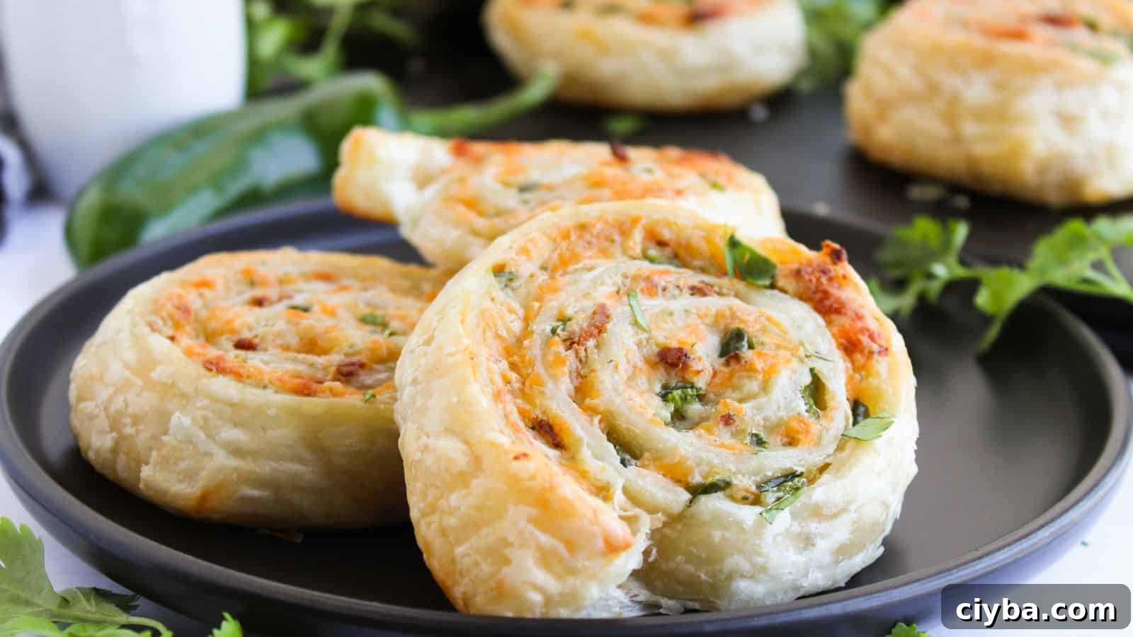 Close-up of three spiral pastry rolls on a black plate, filled with herbs and cheese. Green garnish and a jalapeño pepper are in the background.