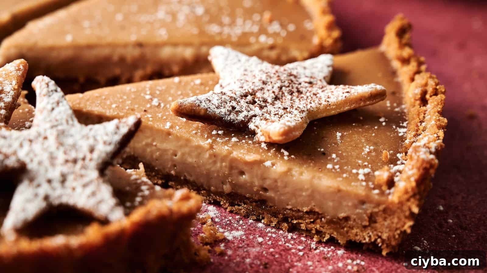 Close-up of a sliced pie with a crumb crust, topped with star-shaped cookies dusted with powdered sugar.