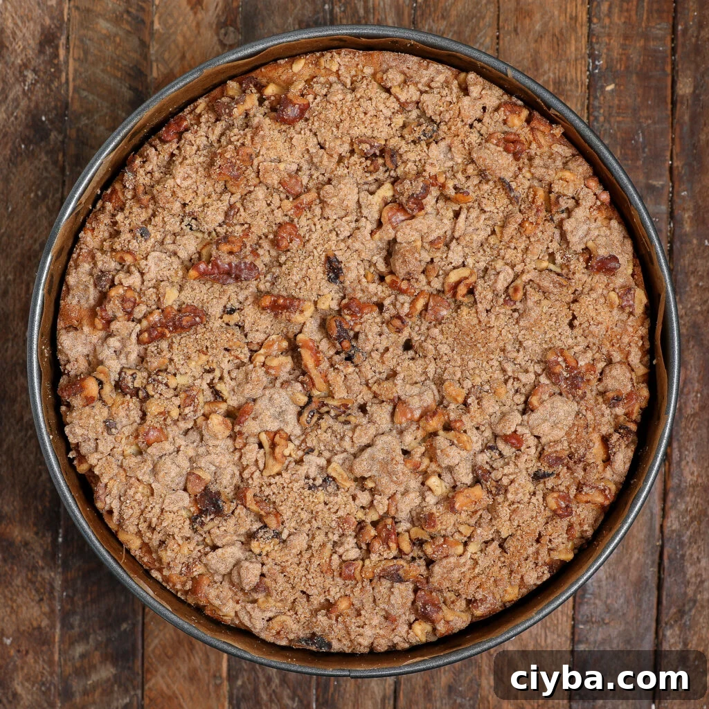 Cream Cheese Apple Coffee Cake Recipe for Fall Baking 6 An Apple Coffee Cake with Cream Cheese, topped with a crumbly cinnamon and nut streusel, sits in a baking pan on a rustic wooden surface.