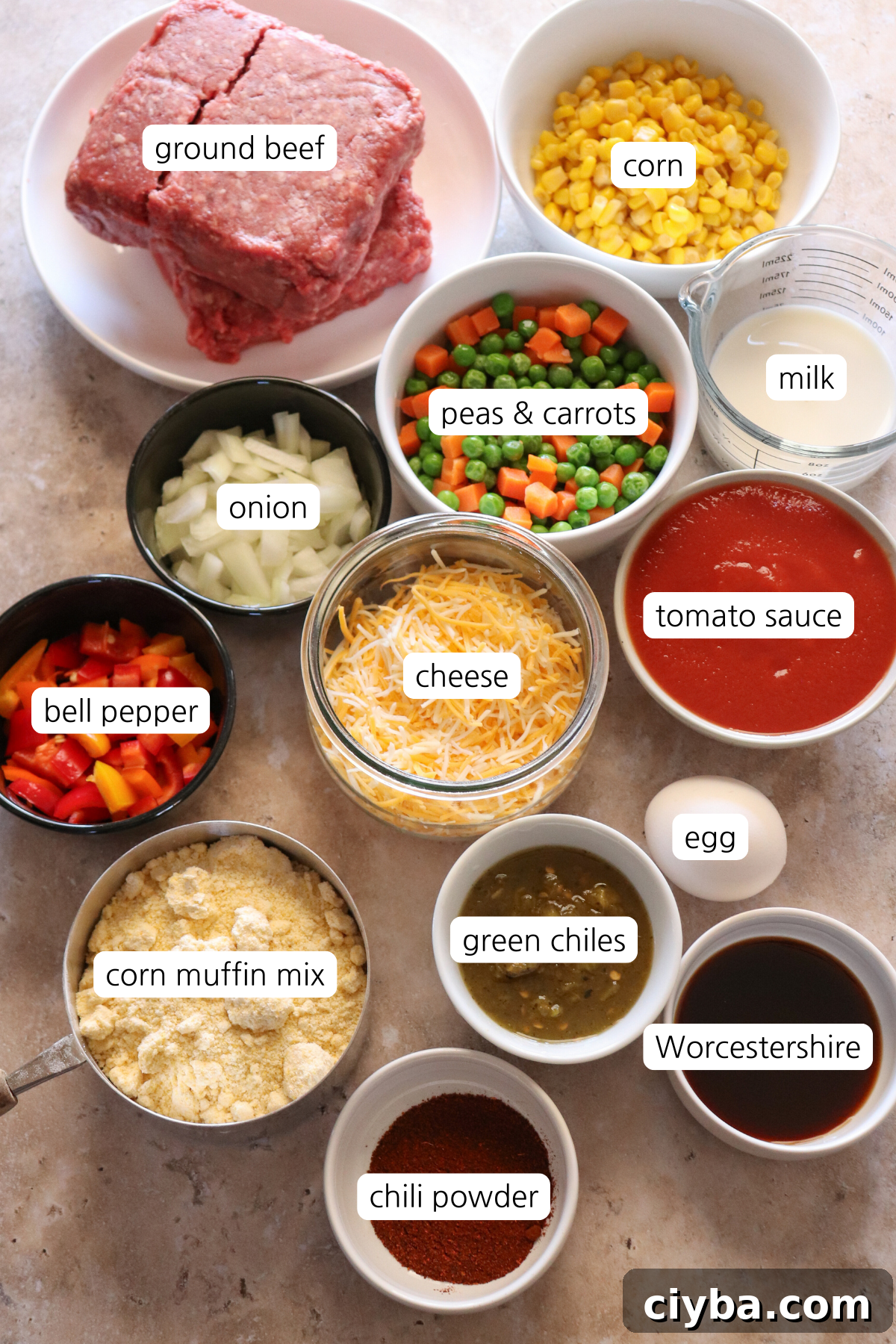 Hearty Cowboy Cornbread Casserole Bake 3 Cowboy Cornbread Casserole showing labeled ingredients.