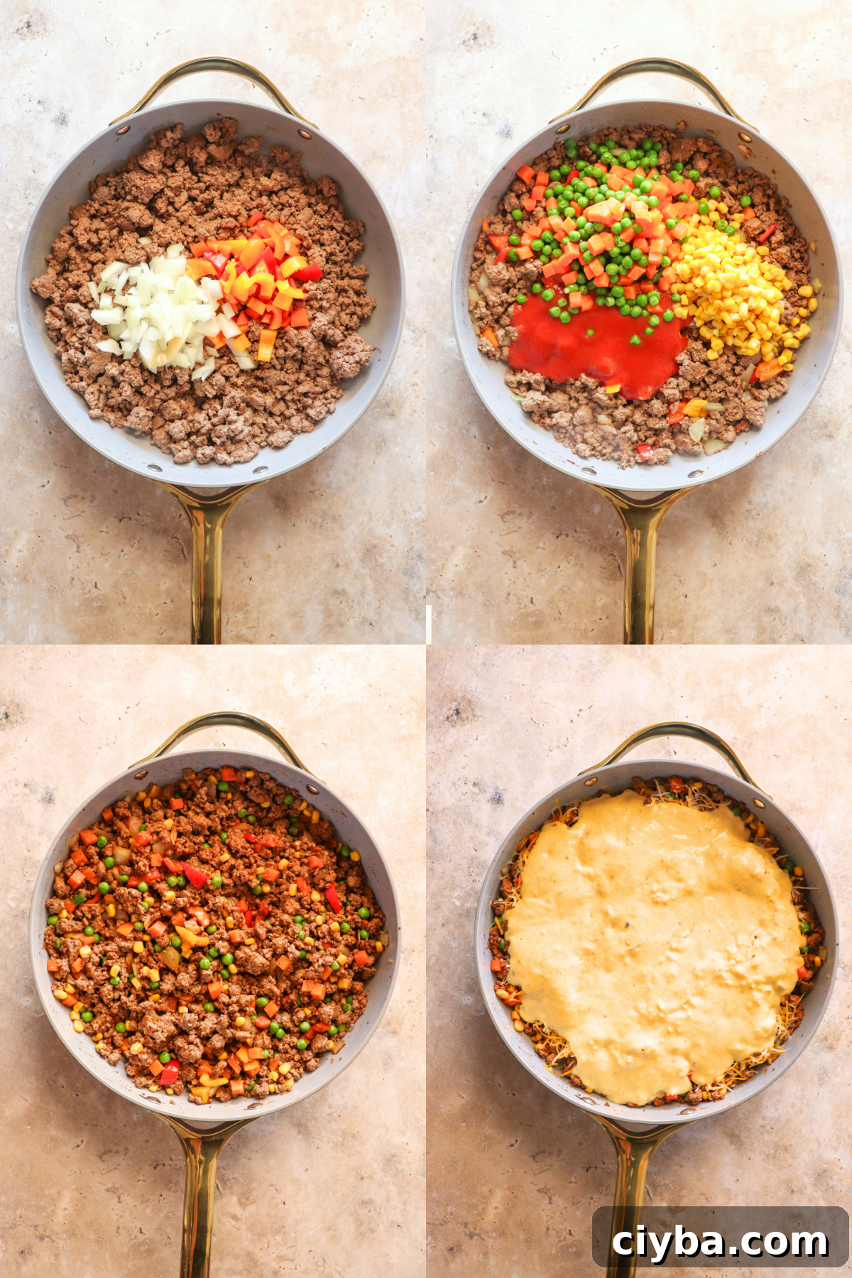 Hearty Cowboy Cornbread Casserole Bake 4 Cowboy Cornbread Casserole showing 4 step by step images of adding ingredients to the pan.