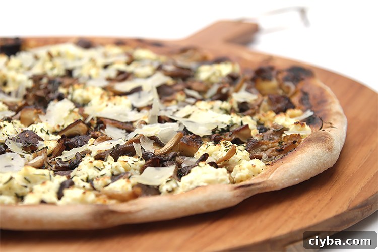 Mushroom pizza with ricotta and garlic confit spread