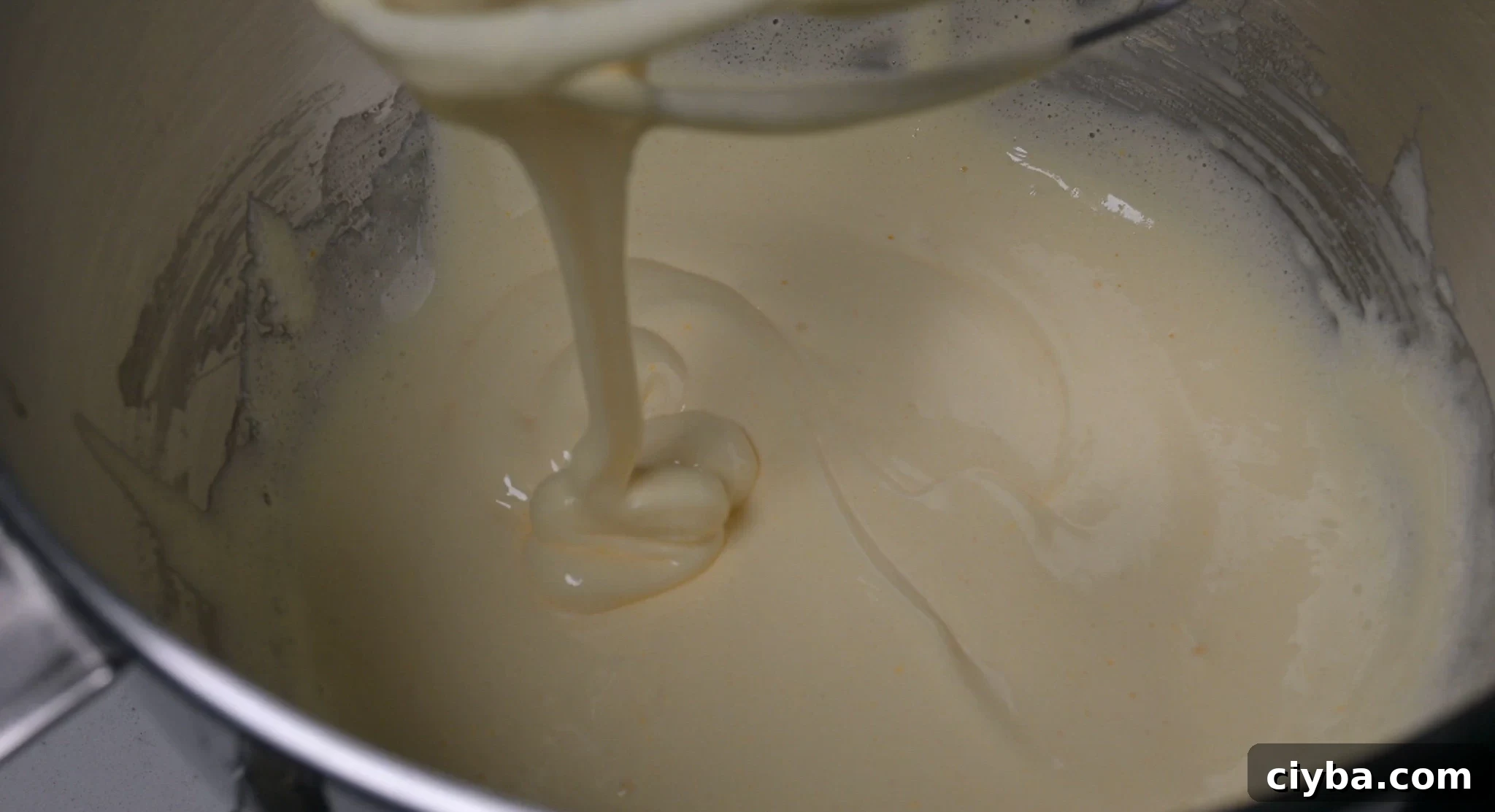 Eggs and sugar whipped to ribbon stage.