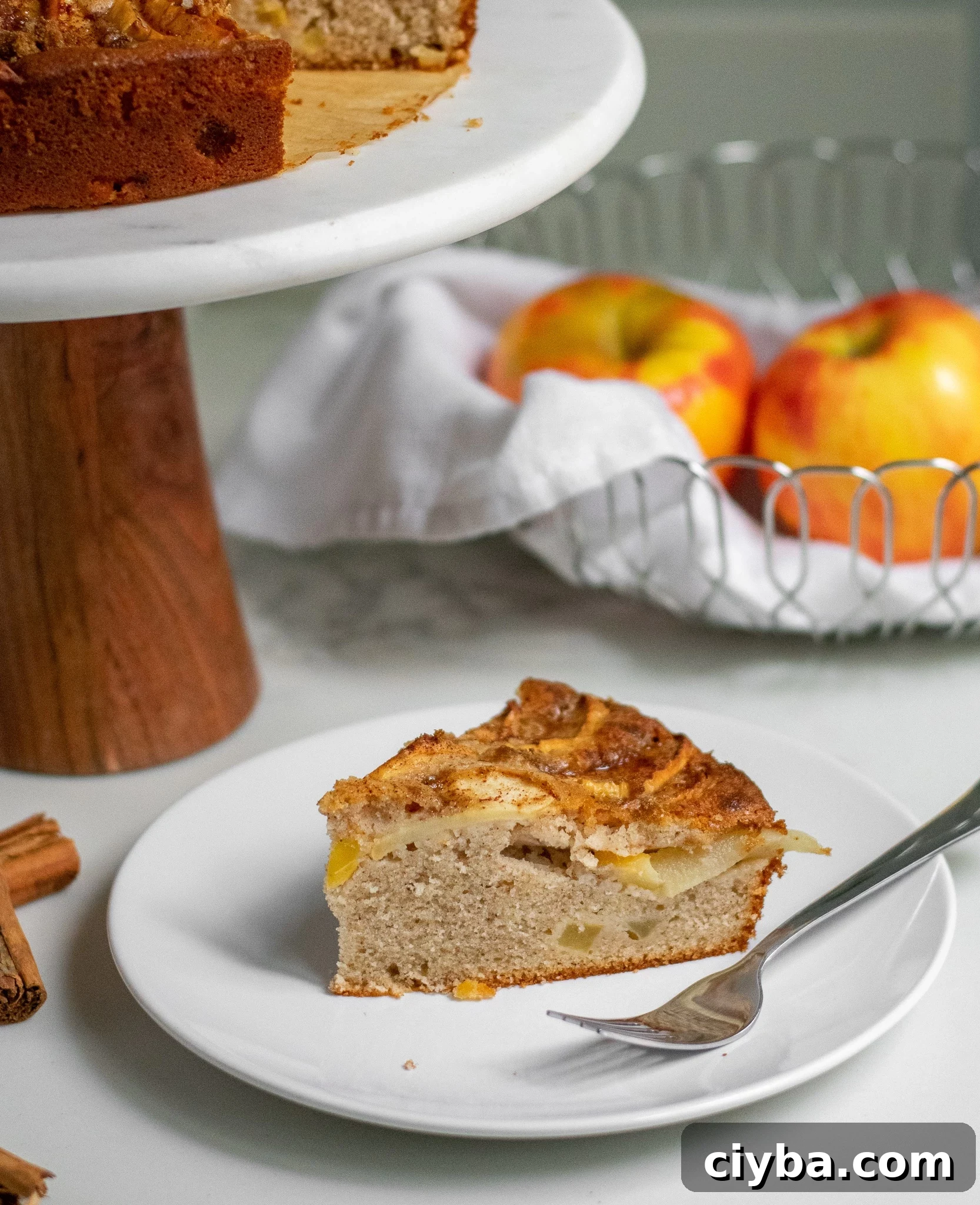 A slice of apple cake topped with cinnamon and brown sugar.