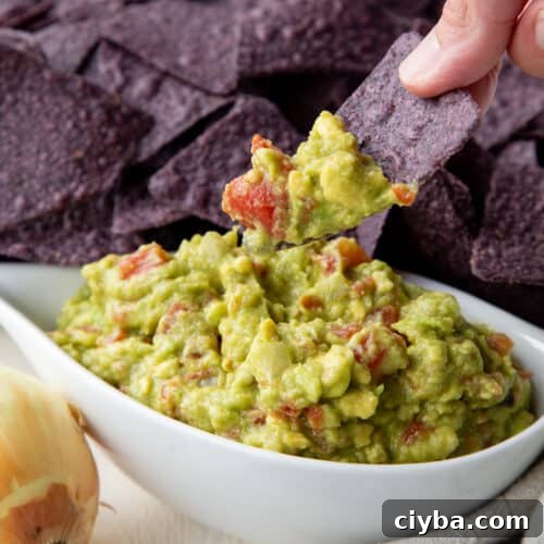 Close up of a hand lifting a blue corn tortilla chip from a bowl with Rotel Guacamole on it.