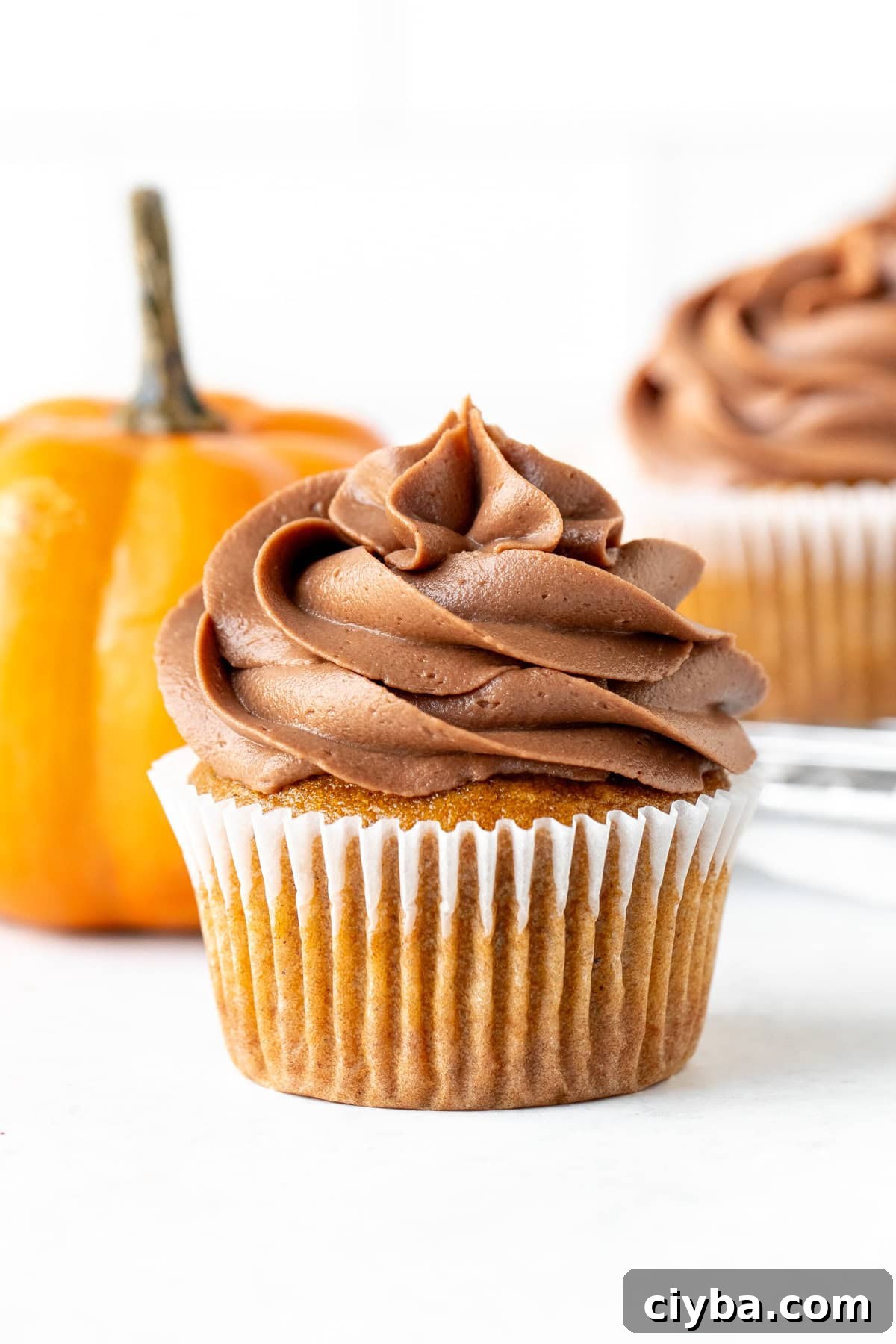 Nutella Pumpkin Cupcakes Recipe with Spiced Cream Cheese Frosting 3 Pumpkin cupcake frosted with Nutella frosting beside a small pumpkin