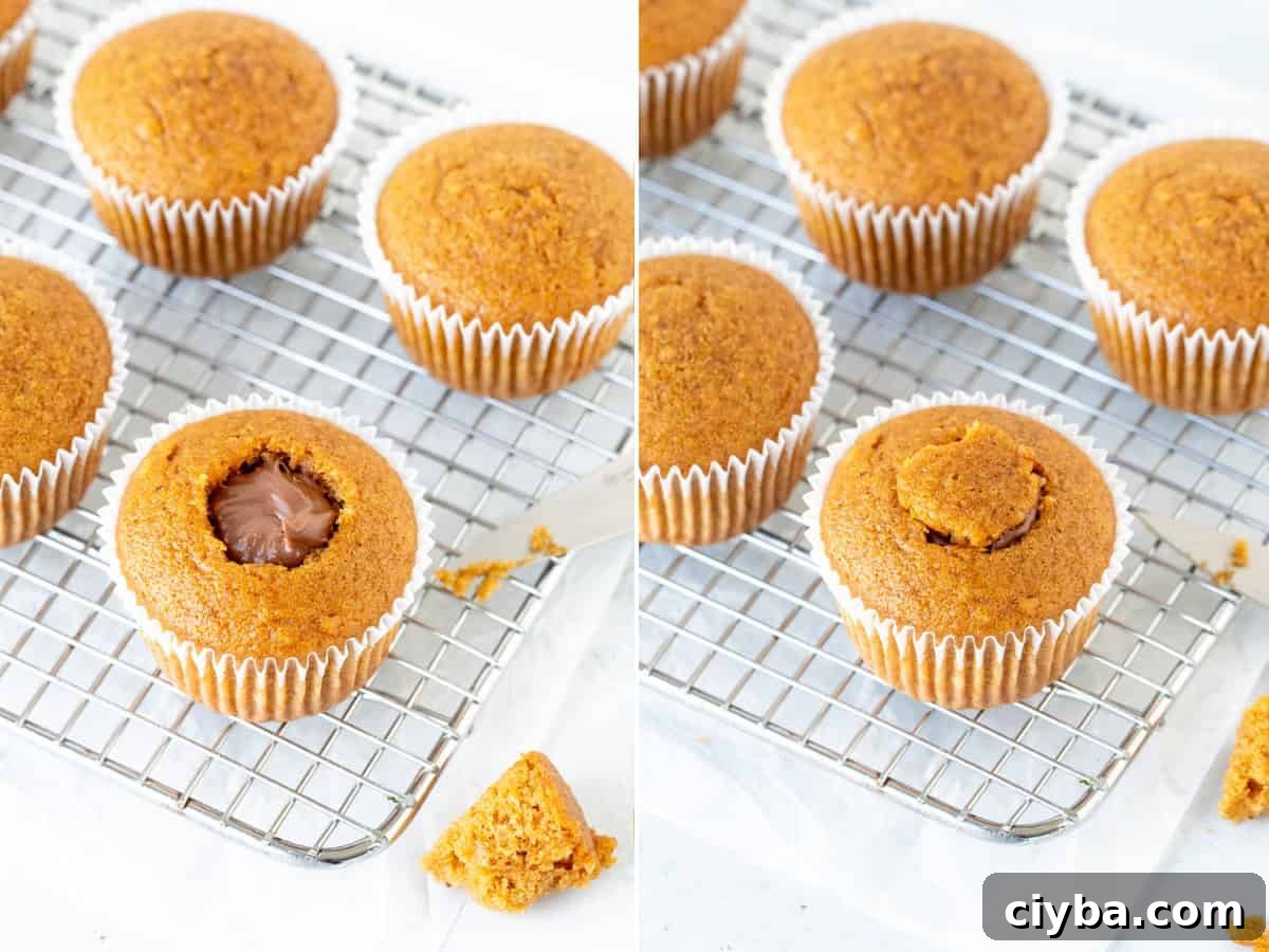 Nutella Pumpkin Cupcakes Recipe with Spiced Cream Cheese Frosting 4 Pumpkin cupcake being stuffed with Nutella