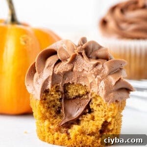 Nutella Pumpkin Cupcakes Recipe with Spiced Cream Cheese Frosting 6 Pumpkin cupcake stuffed with Nutella and topped with Nutella frosting with a bite taken out