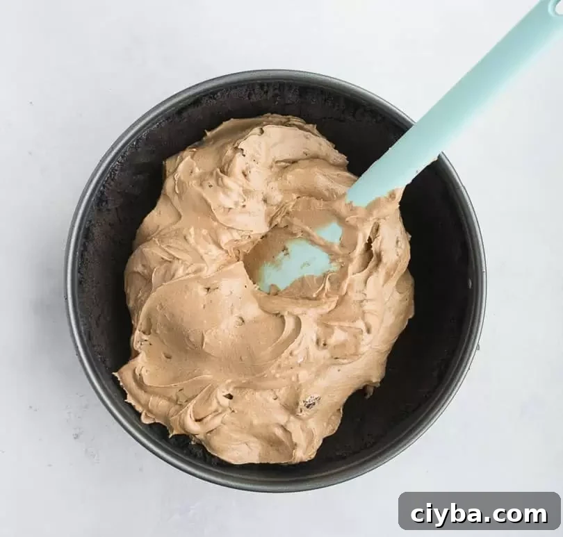 overhead shot of a spatula spreading the filling into the cheesecake's crust