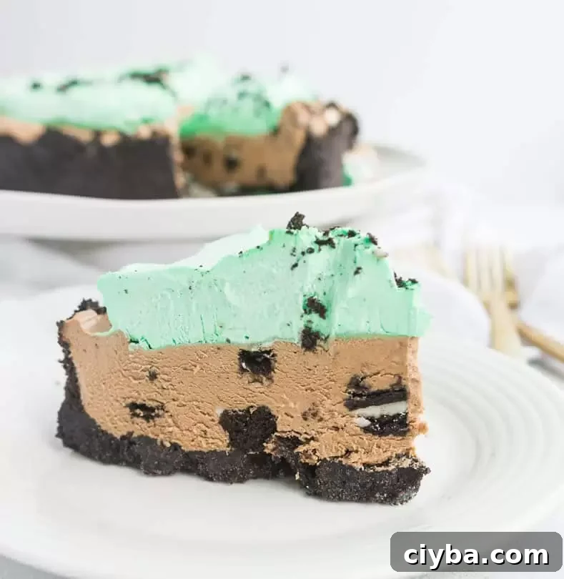 slice of no-bake mint mocha cheesecake on a plate with the cake behind it in the background