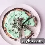 overhead shot of no-bake mint mocha cheesecake with two slices cut out