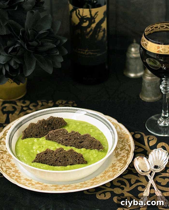 Spooky Green Vegan Potato Soup Recipe for Fall Halloween 2 Green Potato Soup with pumpernickel toast bats