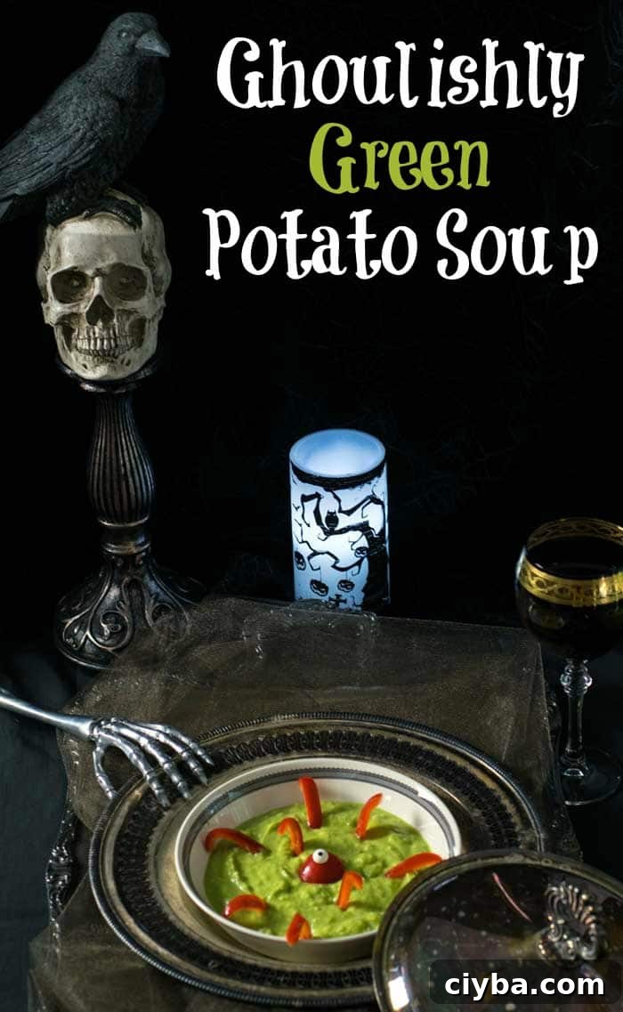 Spooky Green Vegan Potato Soup Recipe for Fall Halloween 5 Ghoulishly Green Vegan Potato Soup served on a tarnished silver tray and decorated with a red pepper swamp monster.
