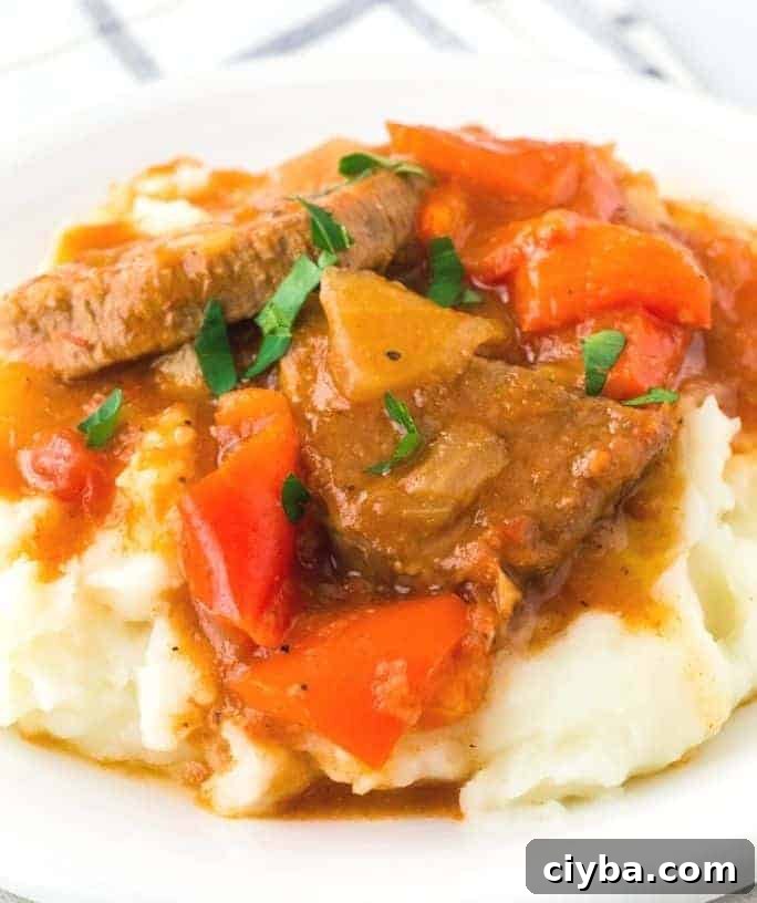 Steak with tomatoes and veggies on a bed of mashed potatoes.