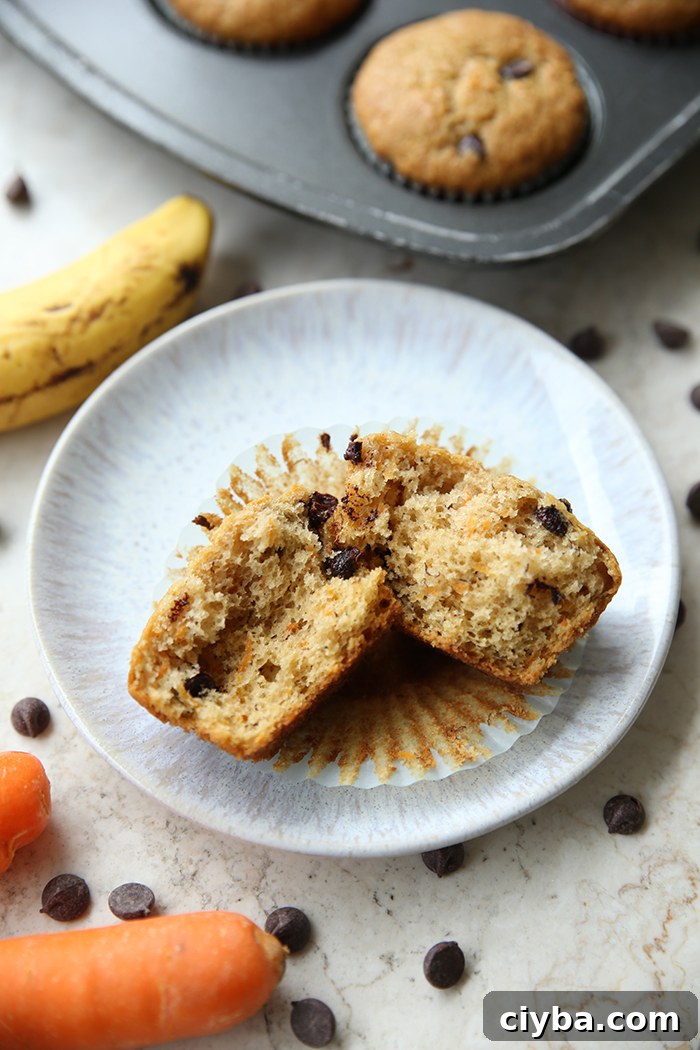 A carrot banana chocolate chip muffin sitting on the wrapper on a small plate with chocolate chips scattered around the plate. In the bottom left corner is part of a carrot and the tip of another carrot. Above the plate is part of a ripe banana and the edge of a muffin pan of muffins.