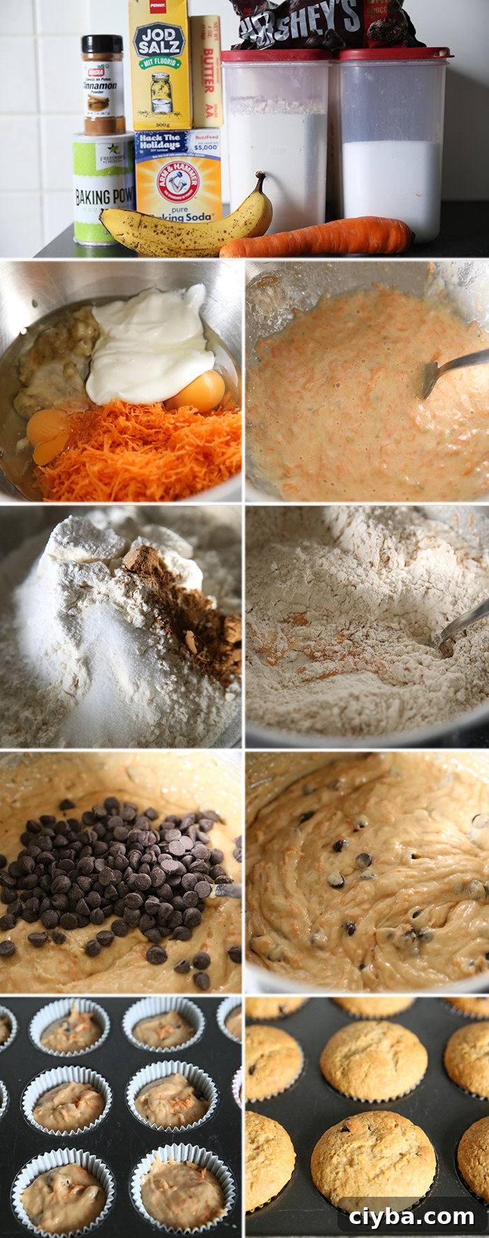 9-photo picture collage of step-by-step photos for how to make banana carrot chocolate chip muffins.