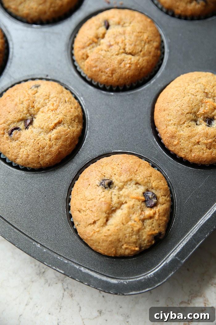 Half of a muffin pan of banana carrot chocolate chip muffins placed diagonally.