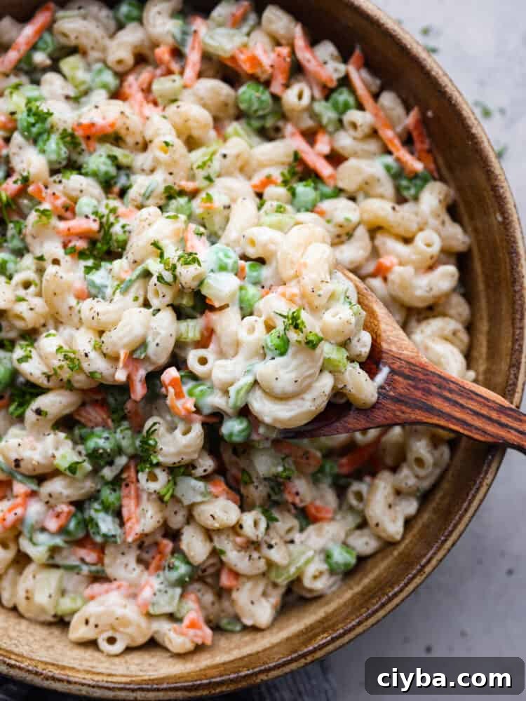 Closeup of easy macaroni salad in a serving bowl.
