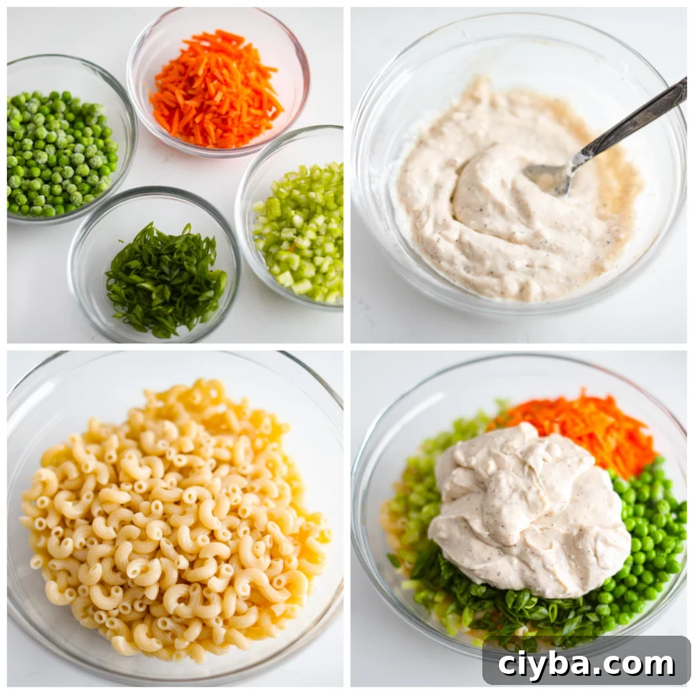 4-photo collage of the veggies, noodles, and dressing being added to a bowl.