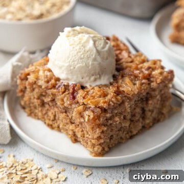 Lazy Daisy Oatmeal Cake Recipe with Cinnamon and Raisins 11 slice of old fashioned oatmeal cake with a scoop of vanilla ice cream on top.