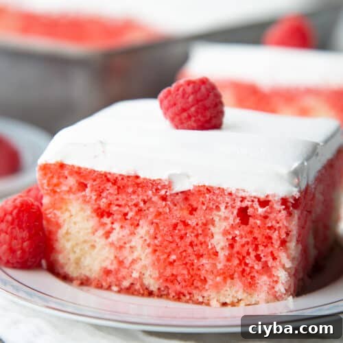 red jell-o poke cake topped with whipped cream and raspberry on a white china plate.