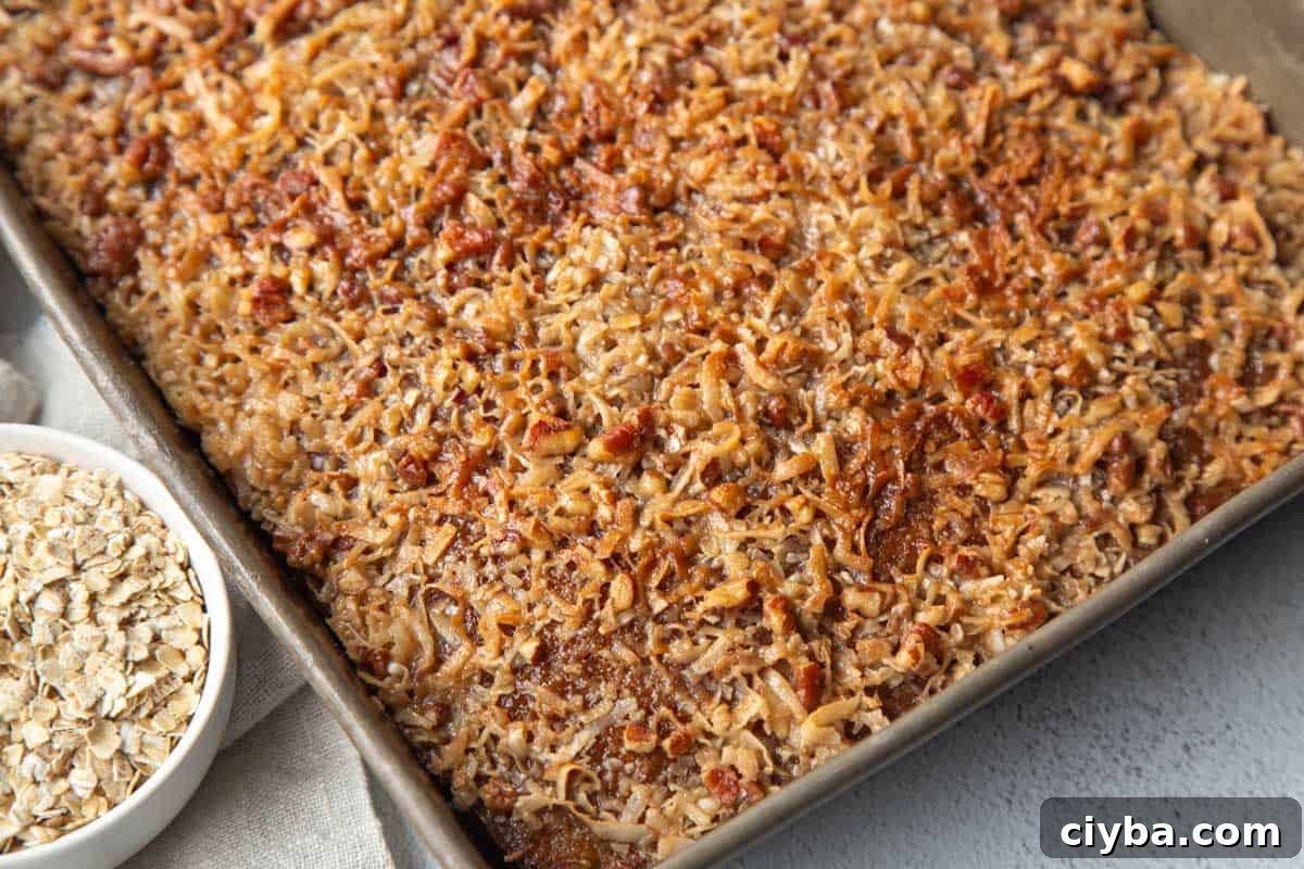 Lazy Daisy Oatmeal Cake Recipe with Cinnamon and Raisins 3 whole oatmeal cake topped with pecans and coconut in a metal pan.