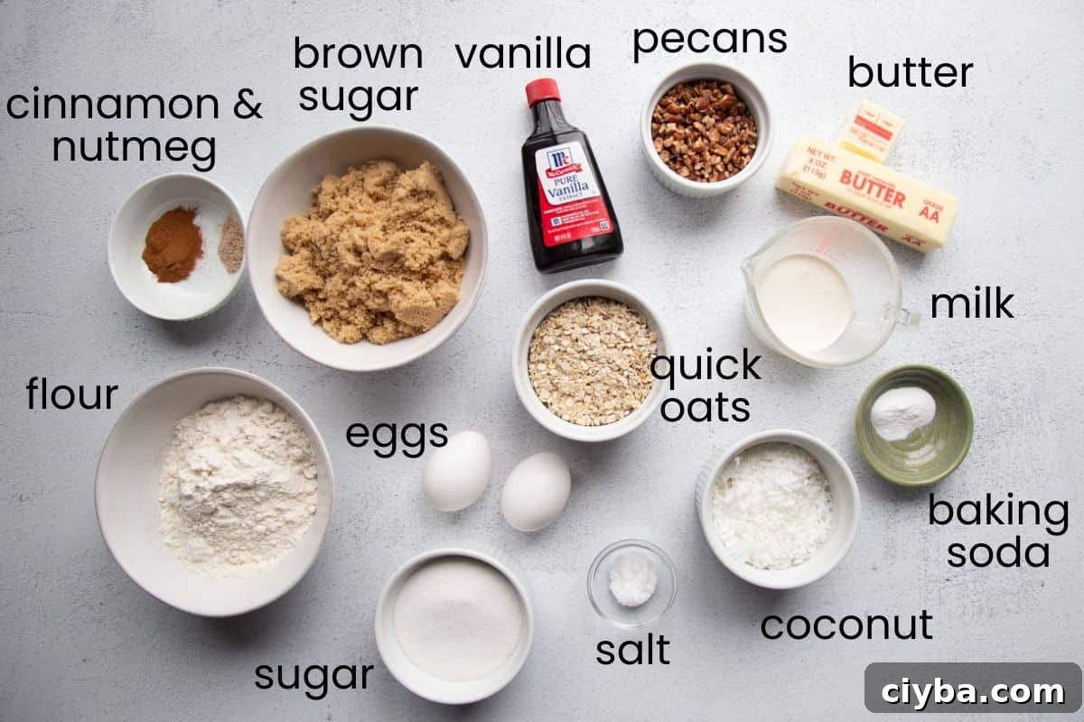 Lazy Daisy Oatmeal Cake Recipe with Cinnamon and Raisins 4 oats, sugar, flour, eggs, and other ingredients.