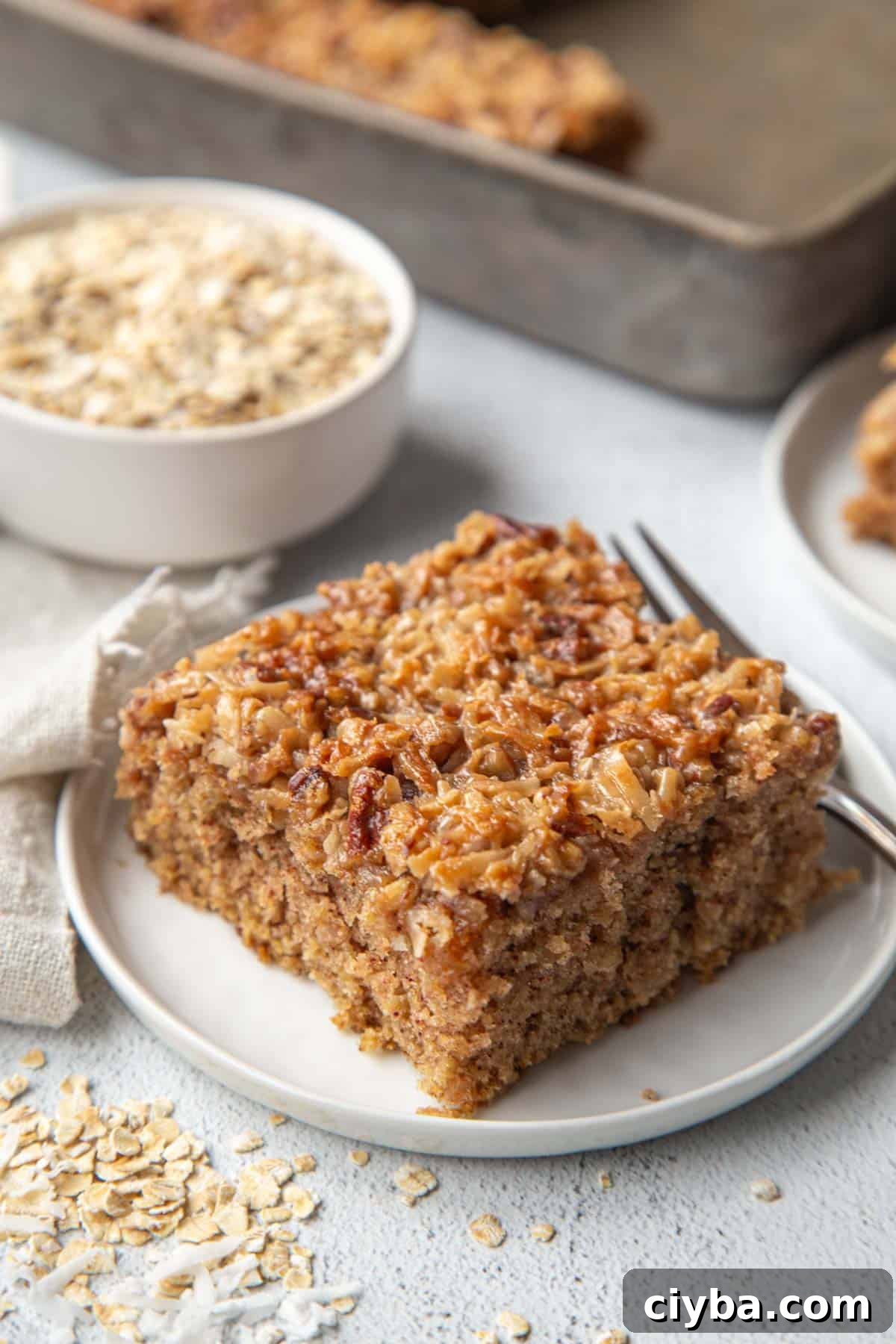 Lazy Daisy Oatmeal Cake Recipe with Cinnamon and Raisins 10 slice of old fashioned oatmeal cake on a white plate with a cup of oats in the background.