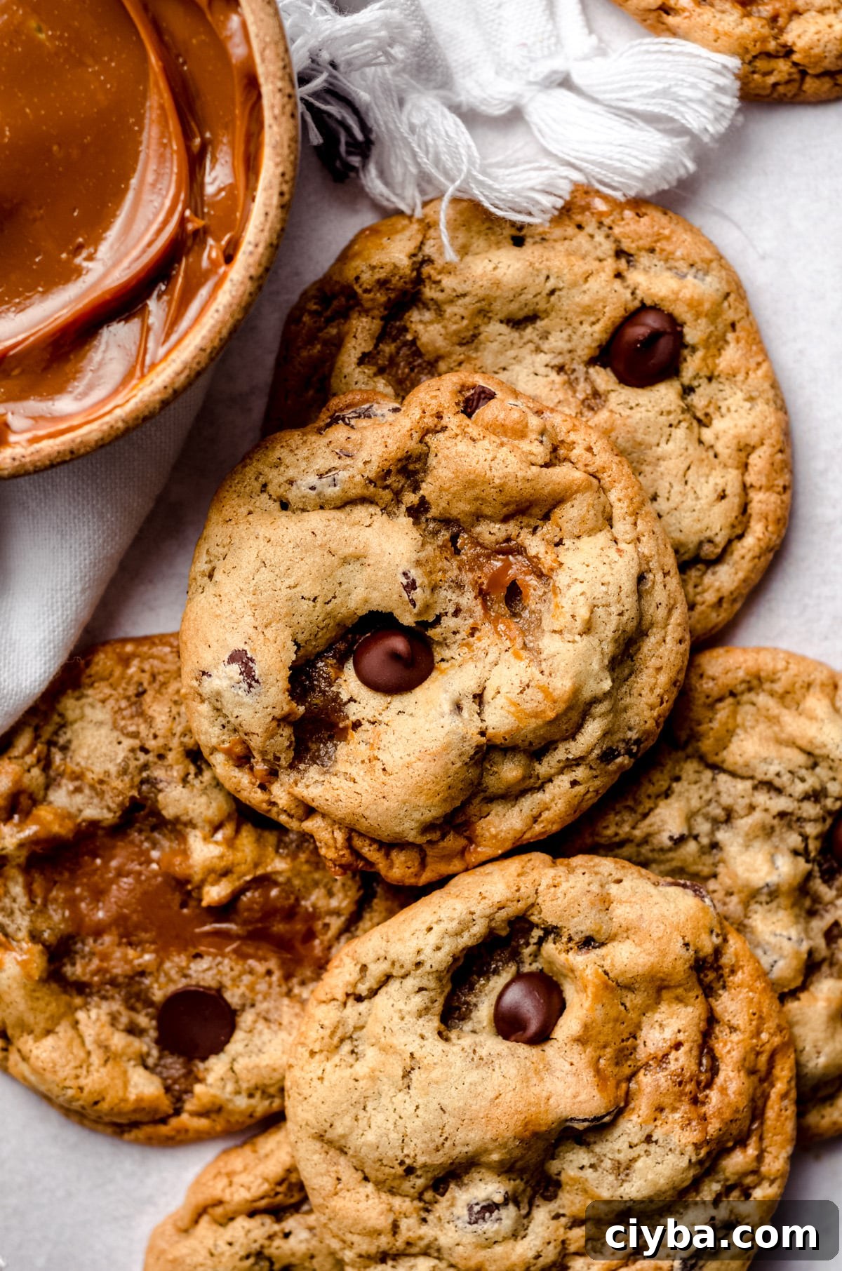 An overhead shot of dulce de leche cookies with chocolate chips.