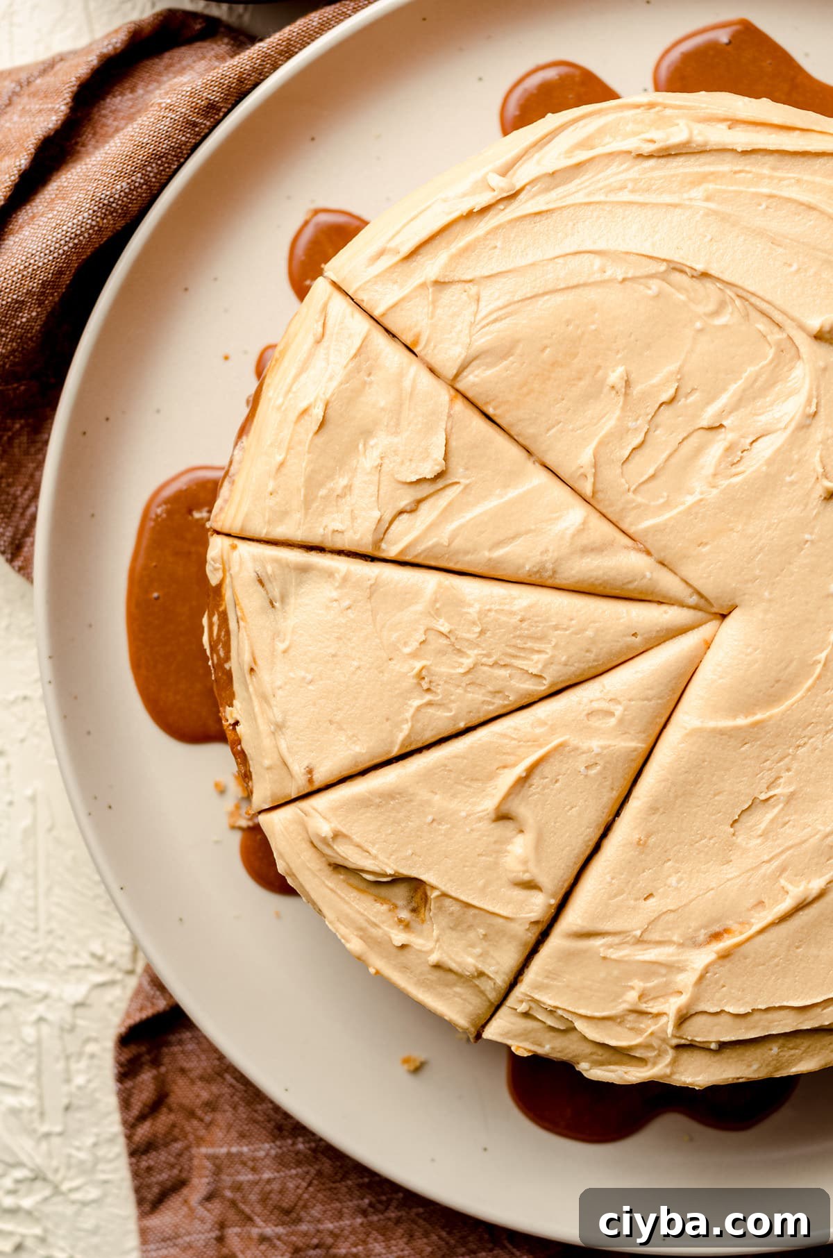 An overhead view of a cake cut into slices.