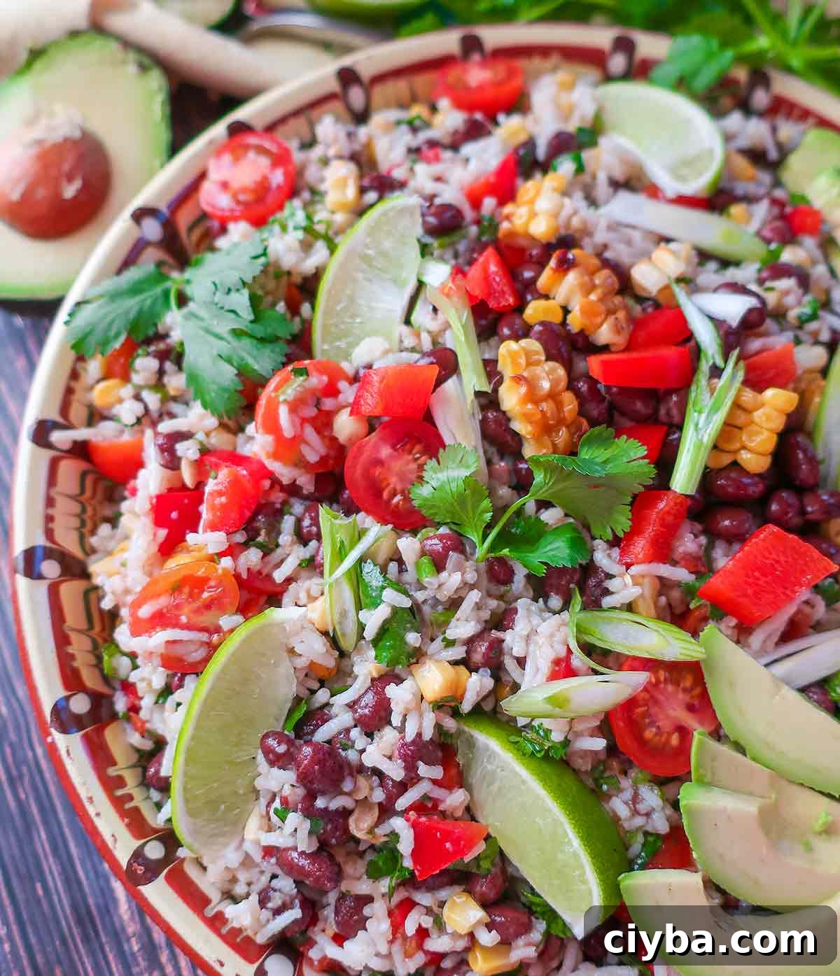 Southwest black bean rice salad in bowl with avocado slices