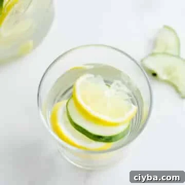 A glass with citrus and cucumber slices.