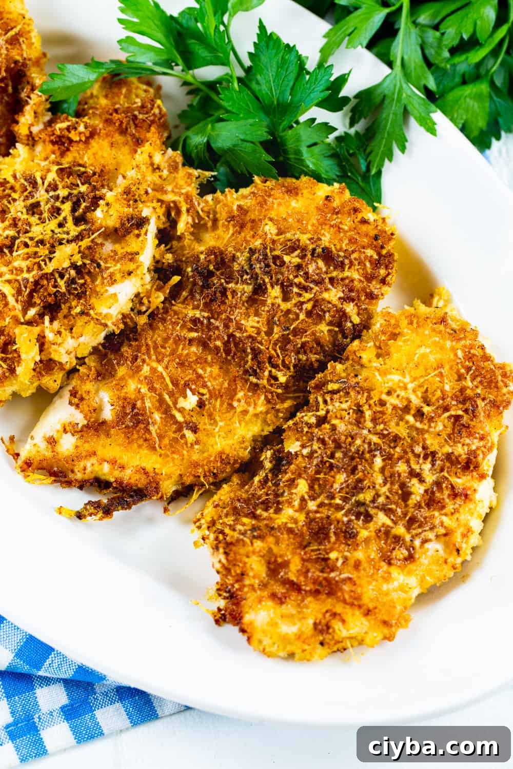 Crispy Parmesan-Crusted Chicken in the Air Fryer 4 Parmesan Crusted Chicken on serving platter with parsley.