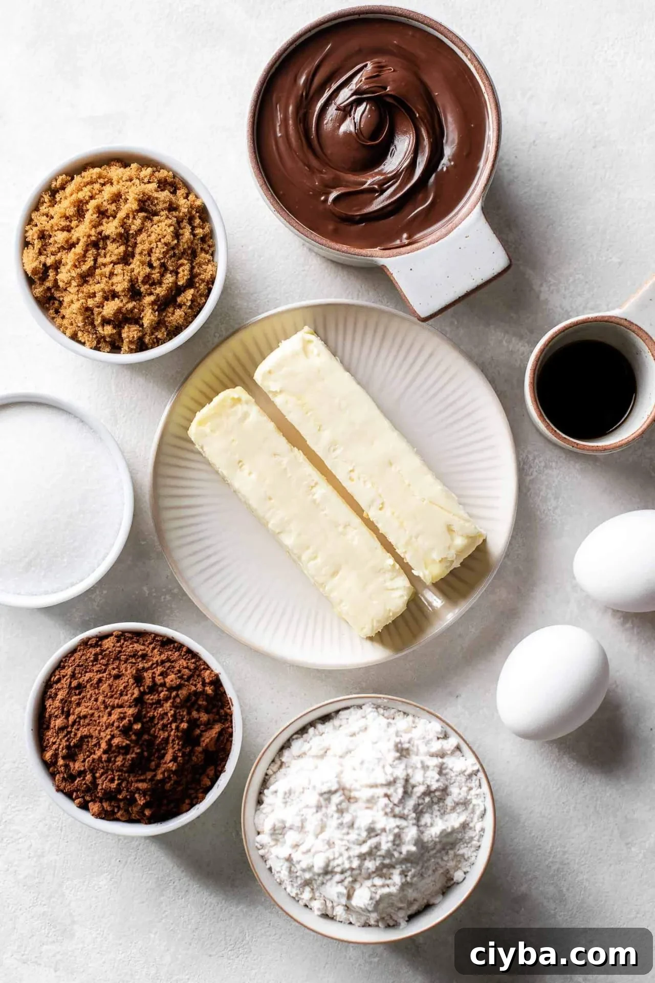 Nutella chocolate lava cookies ingredients in bowls