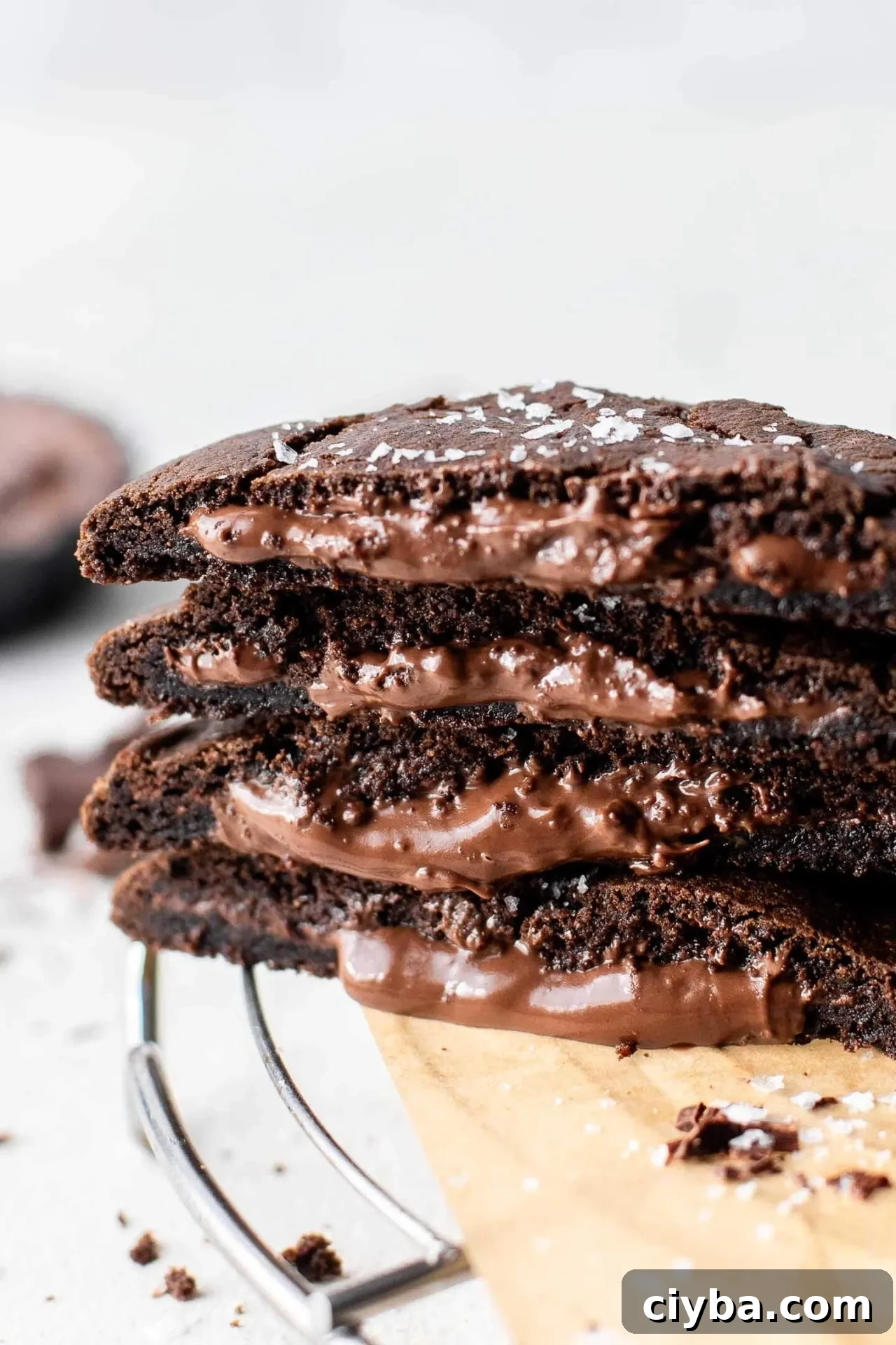 4 laves of Nutella chocolate lava cookies stacked on top of each other