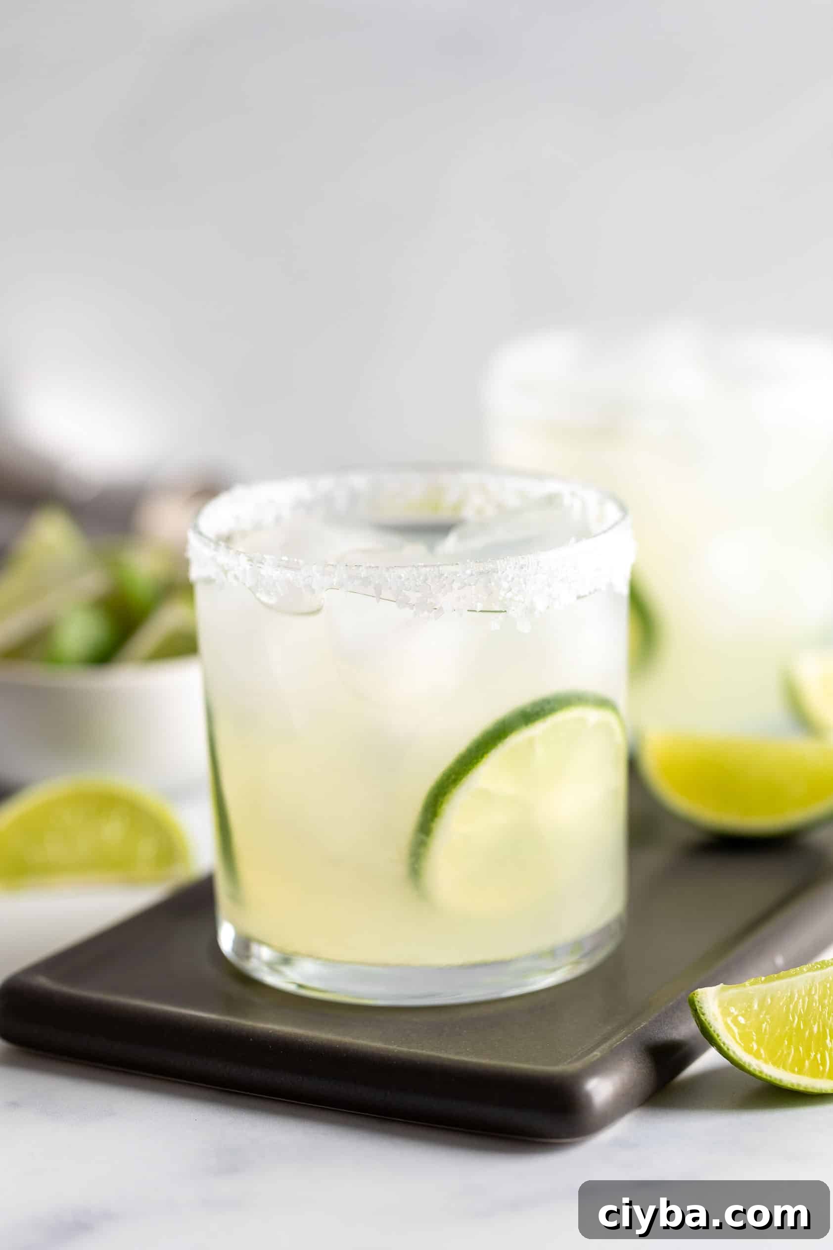 Simple margarita in a glass with lime.
